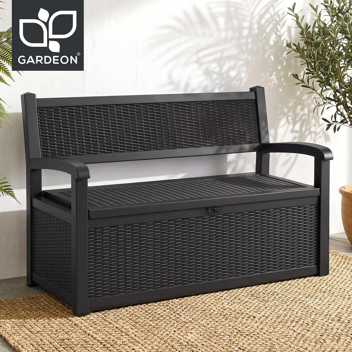 Gardeon Outdoor Storage Box Bench 254L Resin Armset Backrest Lockable Black Awezingly