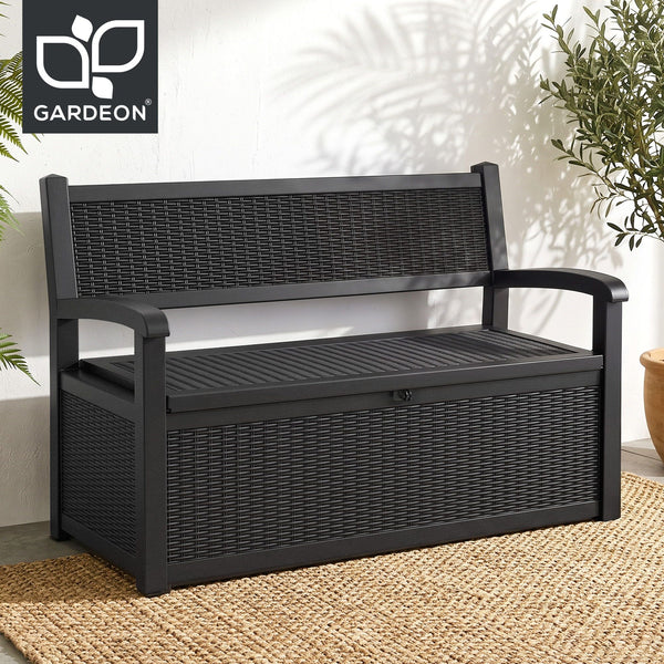 Gardeon Outdoor Storage Box Bench 254L Resin Armset Backrest Lockable Black Awezingly