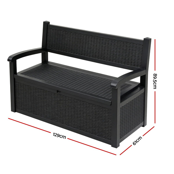 Gardeon Outdoor Storage Box Bench 254L Resin Armset Backrest Lockable Black Awezingly