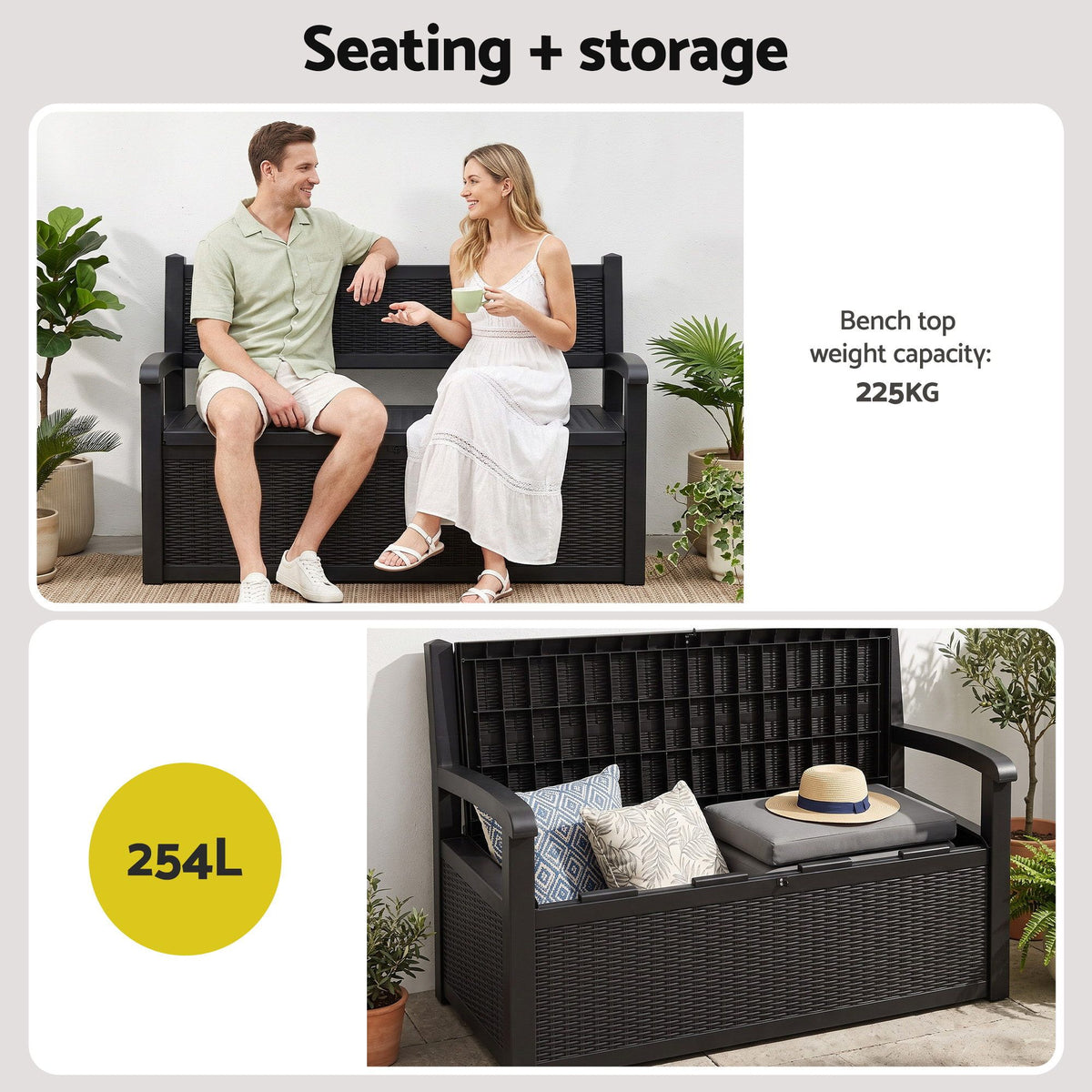 Gardeon Outdoor Storage Box Bench 254L Resin Armset Backrest Lockable Black Awezingly