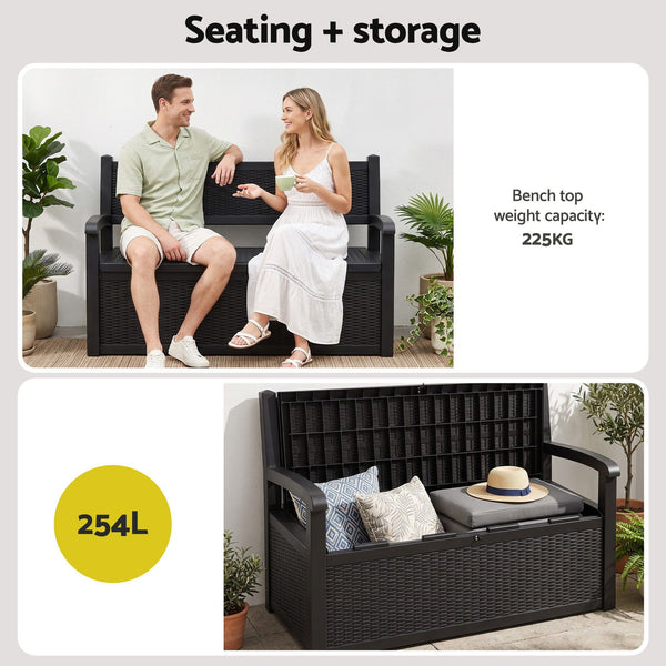 Gardeon Outdoor Storage Box Bench 254L Resin Armset Backrest Lockable Black Awezingly
