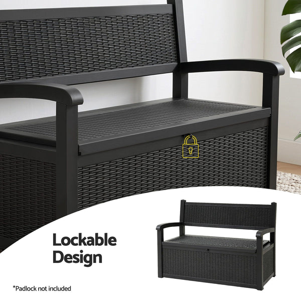 Gardeon Outdoor Storage Box Bench 254L Resin Armset Backrest Lockable Black Awezingly