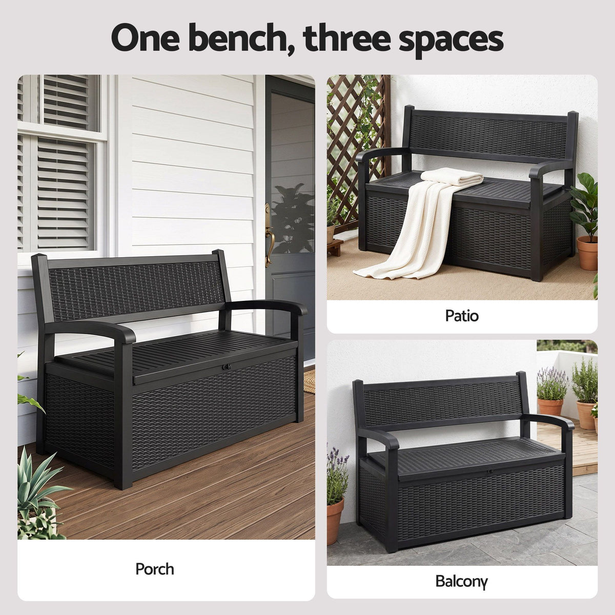 Gardeon Outdoor Storage Box Bench 254L Resin Armset Backrest Lockable Black Awezingly