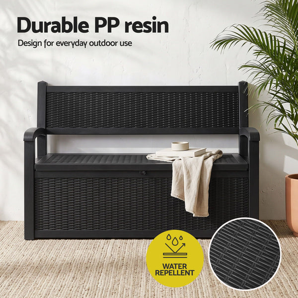 Gardeon Outdoor Storage Box Bench 254L Resin Armset Backrest Lockable Black Awezingly