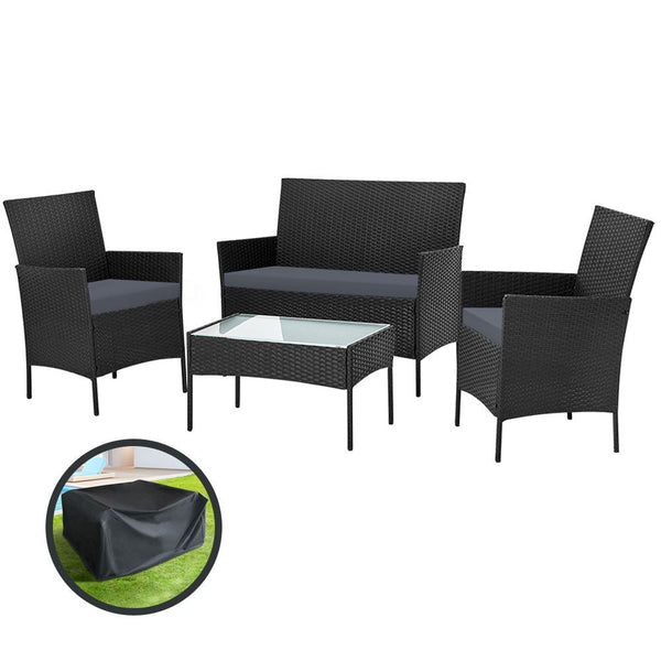 Gardeon 4 Seater Outdoor Sofa Set with Storage Cover Wicker Table Chair Black Gardeon
