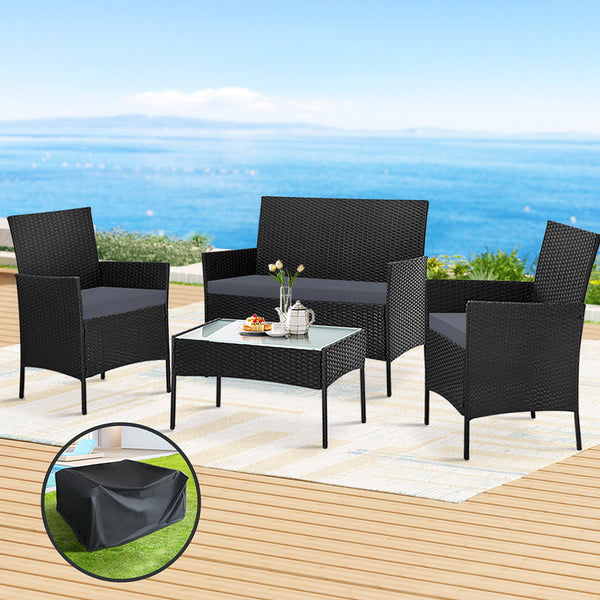 Gardeon 4 Seater Outdoor Sofa Set with Storage Cover Wicker Table Chair Black Gardeon