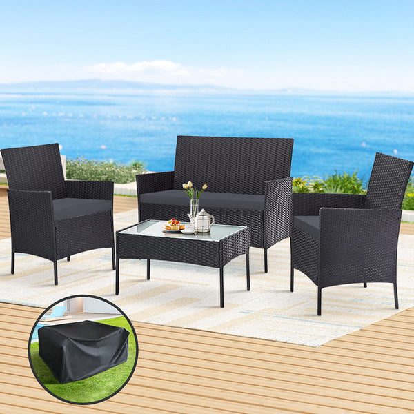 Gardeon 4 Seater Outdoor Sofa Set with Storage Cover Wicker Table Chair DarkGrey Gardeon