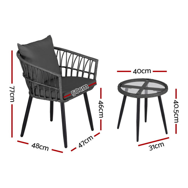 Gardeon 3PC Outdoor Bistro Set Patio Furniture Lounge Setting Table and Chairs Grey Gardeon