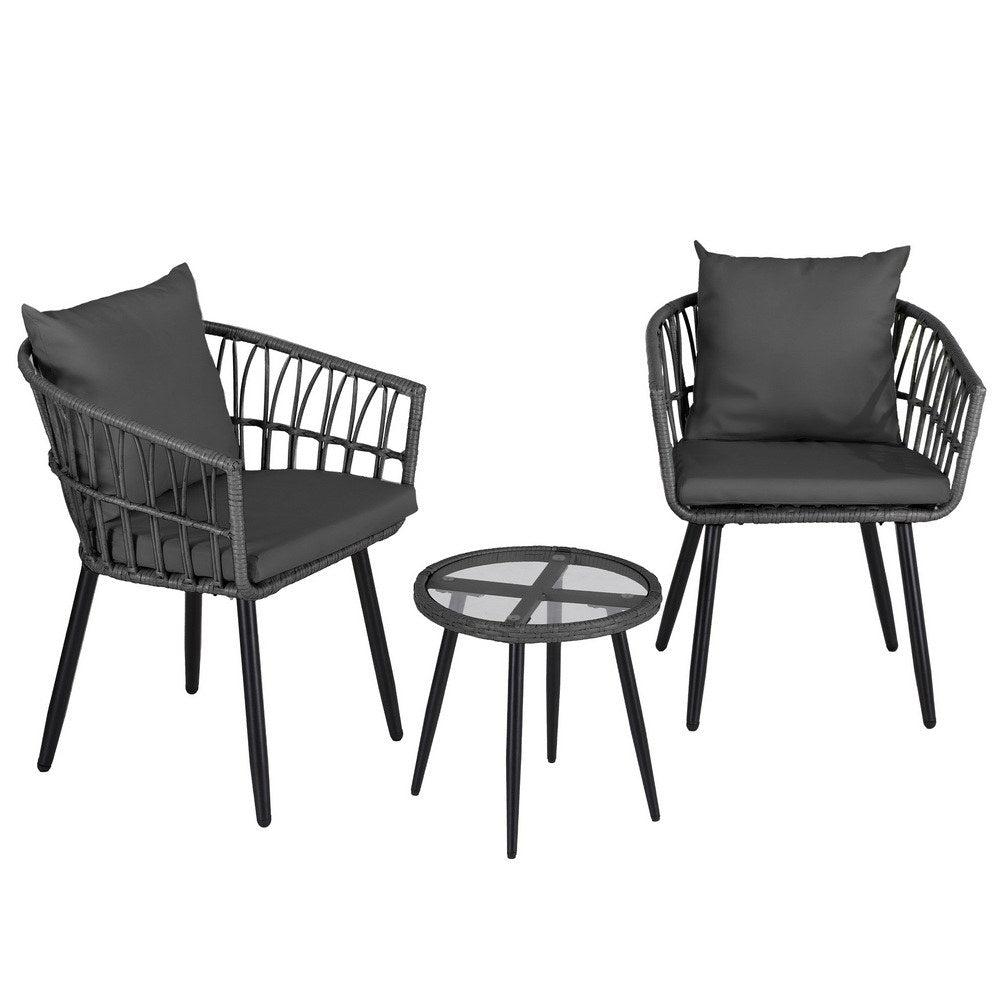 Gardeon 3PC Outdoor Bistro Set Patio Furniture Lounge Setting Table and Chairs Grey Gardeon