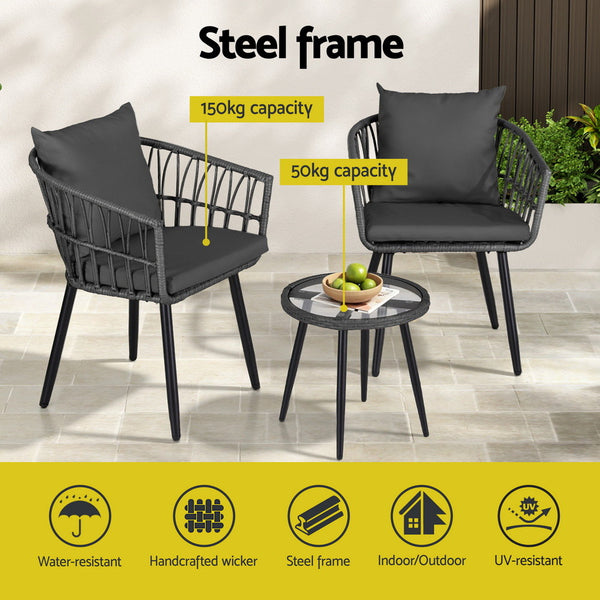 Gardeon 3PC Outdoor Bistro Set Patio Furniture Lounge Setting Table and Chairs Grey Gardeon