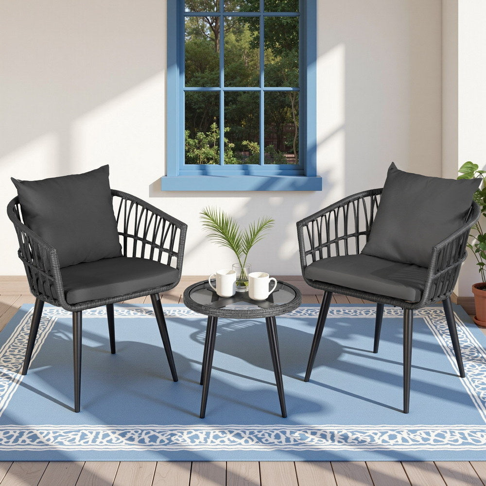 Gardeon 3PC Outdoor Bistro Set Patio Furniture Lounge Setting Table and Chairs Grey Gardeon