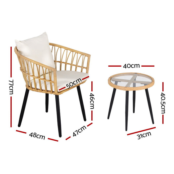 Gardeon 3PC Outdoor Bistro Set Patio Furniture Lounge Setting Table and Chairs Natural Gardeon