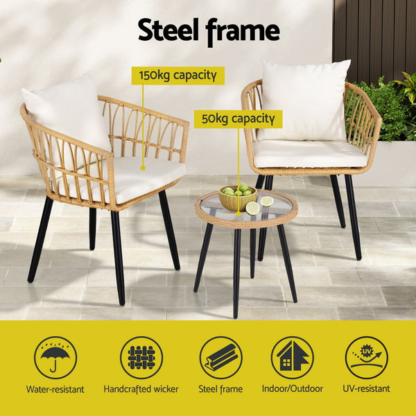 Gardeon 3PC Outdoor Bistro Set Patio Furniture Lounge Setting Table and Chairs Natural Gardeon