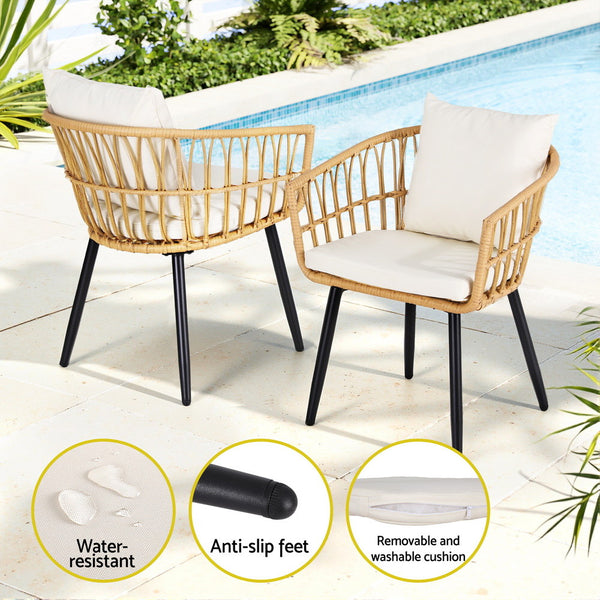 Gardeon 3PC Outdoor Bistro Set Patio Furniture Lounge Setting Table and Chairs Natural Gardeon