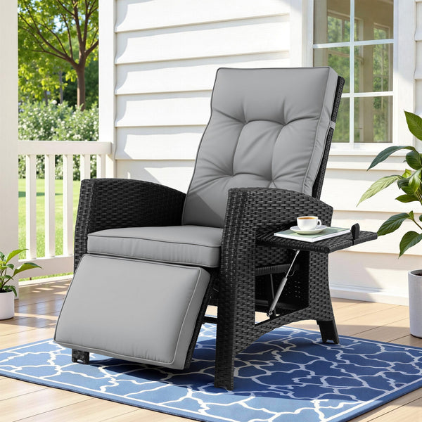Gardeon Outdoor Recliner Chairs Sun lounge Wicker Lounger Patio Furniture Adjustable Black Awezingly