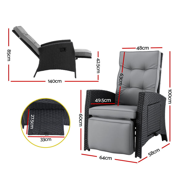 Gardeon Outdoor Recliner Chairs Sun lounge Wicker Lounger Patio Furniture Adjustable Black Awezingly