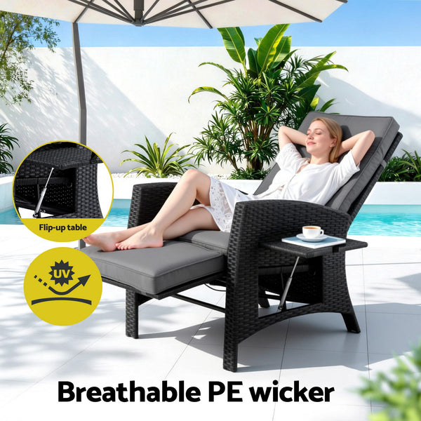 Gardeon Outdoor Recliner Chairs Sun lounge Wicker Lounger Patio Furniture Adjustable Black Awezingly