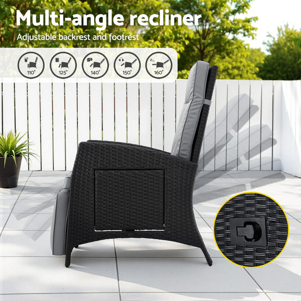 Gardeon Outdoor Recliner Chairs Sun lounge Wicker Lounger Patio Furniture Adjustable Black Awezingly