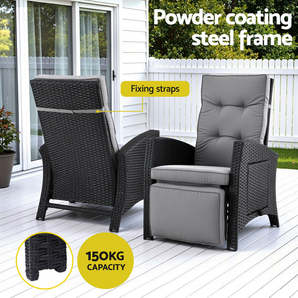 Gardeon Outdoor Recliner Chairs Sun lounge Wicker Lounger Patio Furniture Adjustable Black Awezingly