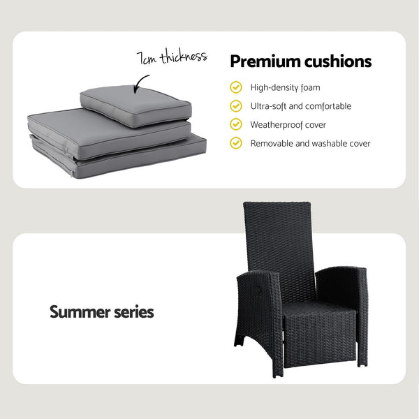 Gardeon Outdoor Recliner Chairs Sun lounge Wicker Lounger Patio Furniture Adjustable Black Awezingly