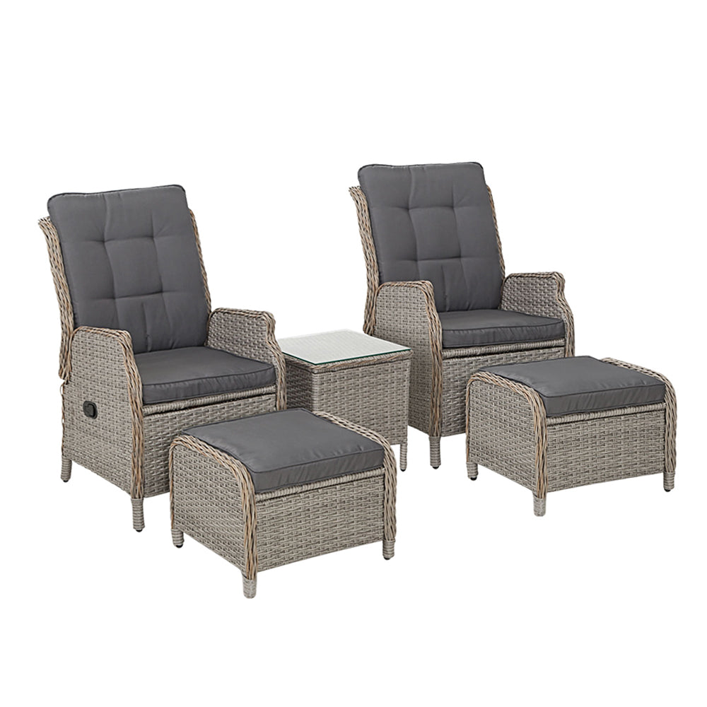 Gardeon 5PC Recliner Chairs Table Sun lounge Wicker Outdoor Furniture Adjustable Grey Gardeon