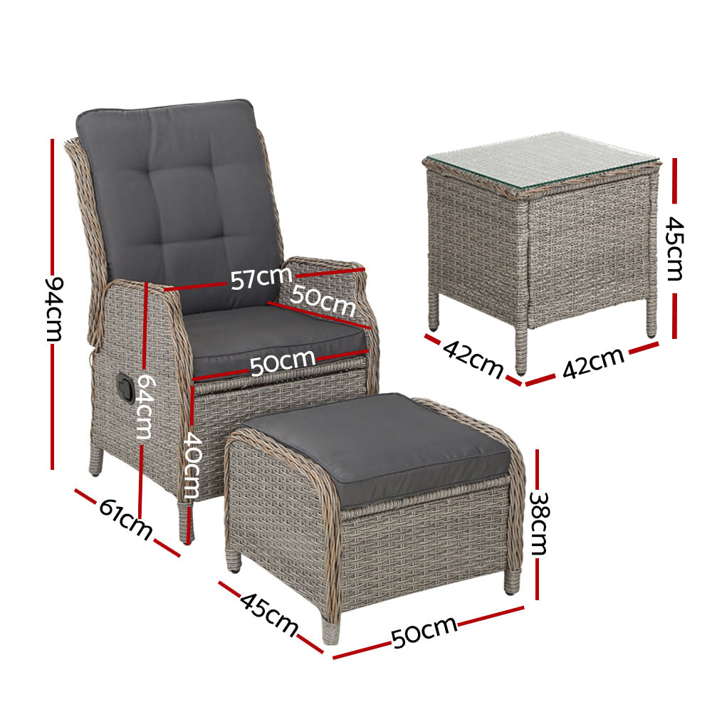 Gardeon 5PC Recliner Chairs Table Sun lounge Wicker Outdoor Furniture Adjustable Grey Gardeon