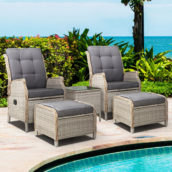 Gardeon 5PC Recliner Chairs Table Sun lounge Wicker Outdoor Furniture Adjustable Grey Gardeon
