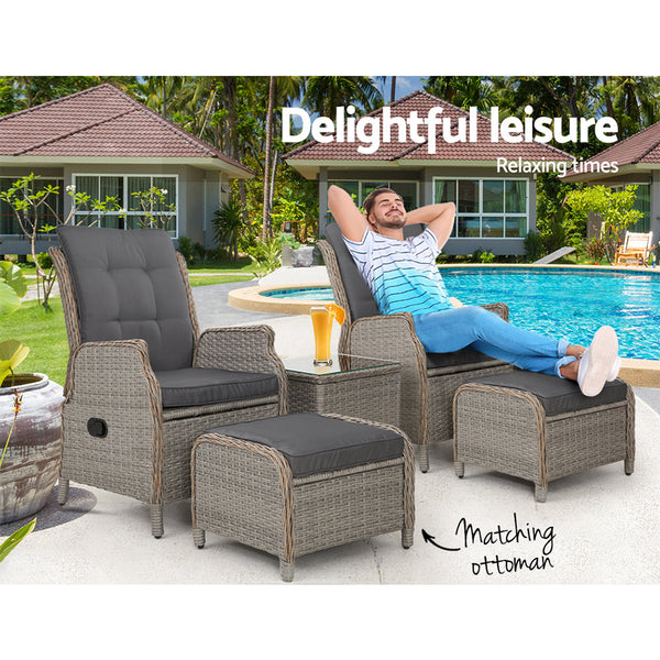 Gardeon 5PC Recliner Chairs Table Sun lounge Wicker Outdoor Furniture Adjustable Grey Gardeon