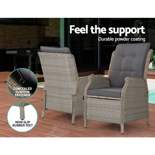 Gardeon 5PC Recliner Chairs Table Sun lounge Wicker Outdoor Furniture Adjustable Grey Gardeon