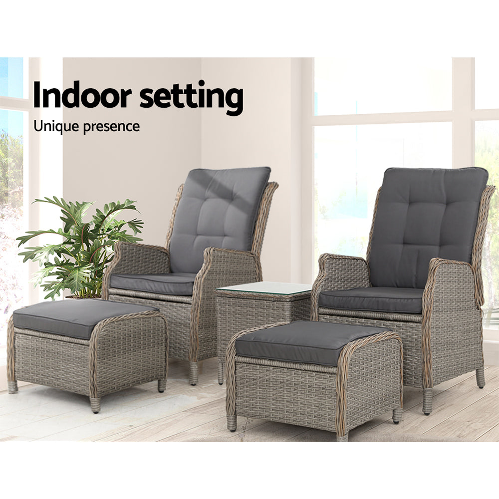 Gardeon 5PC Recliner Chairs Table Sun lounge Wicker Outdoor Furniture Adjustable Grey Gardeon