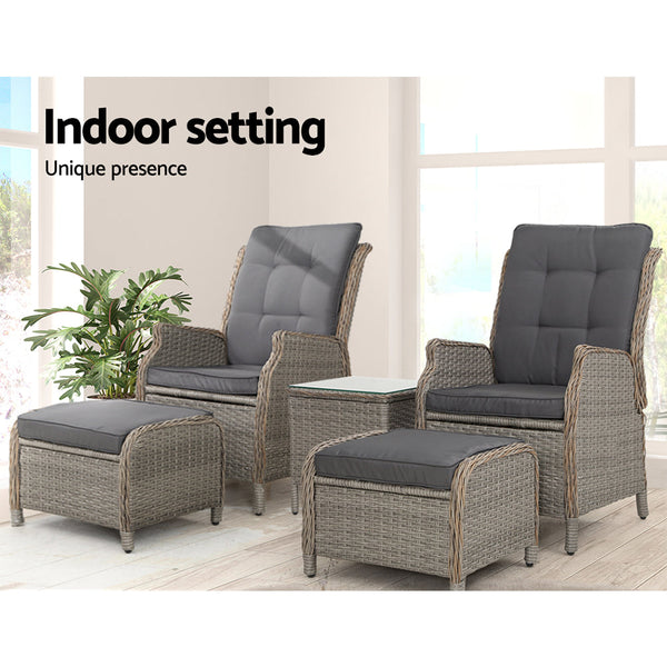 Gardeon 5PC Recliner Chairs Table Sun lounge Wicker Outdoor Furniture Adjustable Grey Gardeon
