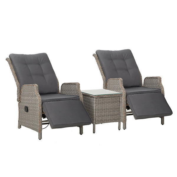 Gardeon 3PC Recliner Chairs Table Sun lounge Outdoor Furniture Wicker Adjustable Grey Gardeon