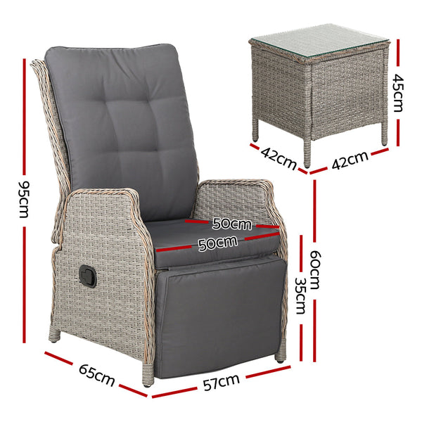 Gardeon 3PC Recliner Chairs Table Sun lounge Outdoor Furniture Wicker Adjustable Grey Gardeon