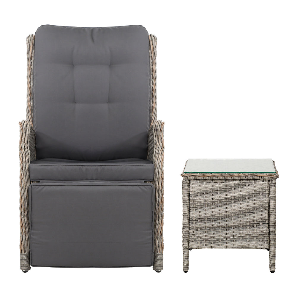 Gardeon 3PC Recliner Chairs Table Sun lounge Outdoor Furniture Wicker Adjustable Grey Gardeon