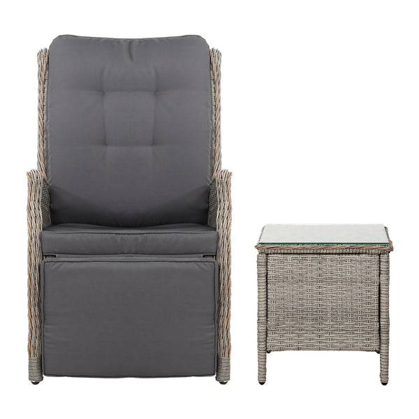 Gardeon 3PC Recliner Chairs Table Sun lounge Outdoor Furniture Wicker Adjustable Grey Gardeon