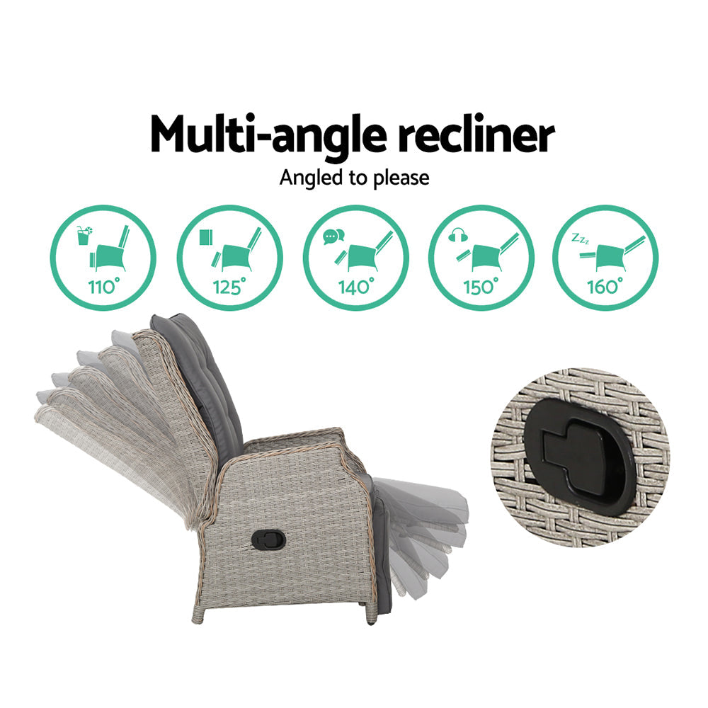 Gardeon 3PC Recliner Chairs Table Sun lounge Outdoor Furniture Wicker Adjustable Grey Gardeon