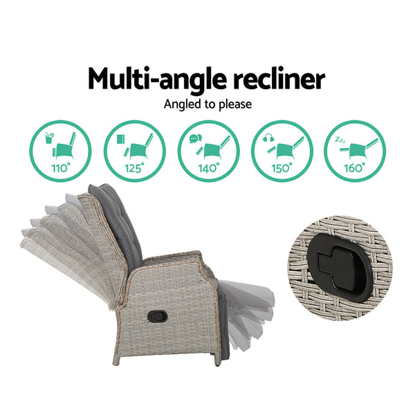 Gardeon 3PC Recliner Chairs Table Sun lounge Outdoor Furniture Wicker Adjustable Grey Gardeon