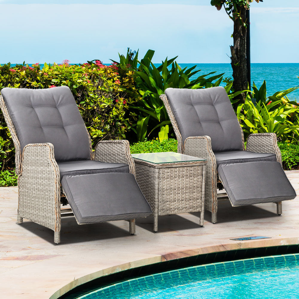 Gardeon 3PC Recliner Chairs Table Sun lounge Outdoor Furniture Wicker Adjustable Grey Gardeon