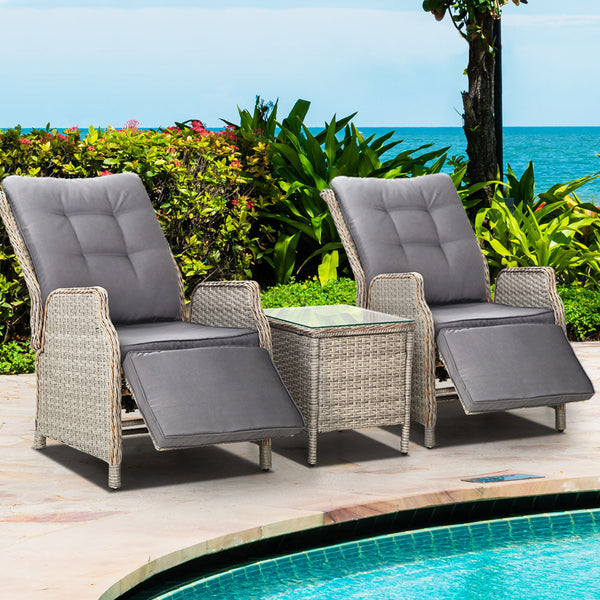 Gardeon 3PC Recliner Chairs Table Sun lounge Outdoor Furniture Wicker Adjustable Grey Gardeon