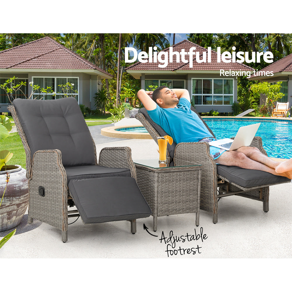 Gardeon 3PC Recliner Chairs Table Sun lounge Outdoor Furniture Wicker Adjustable Grey Gardeon