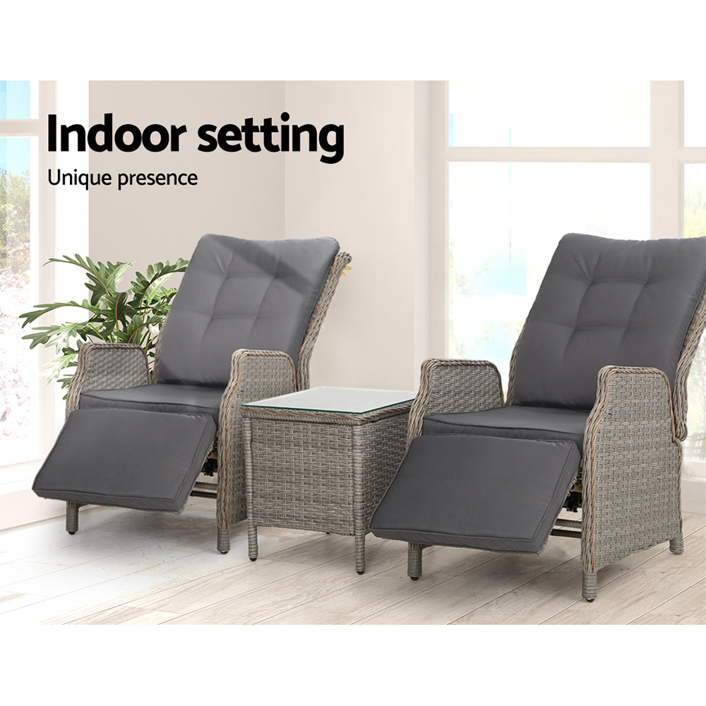 Gardeon 3PC Recliner Chairs Table Sun lounge Outdoor Furniture Wicker Adjustable Grey Gardeon