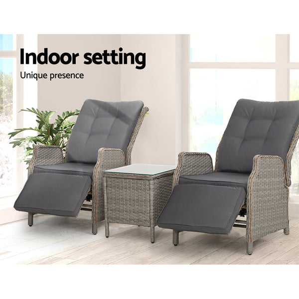 Gardeon 3PC Recliner Chairs Table Sun lounge Outdoor Furniture Wicker Adjustable Grey Gardeon
