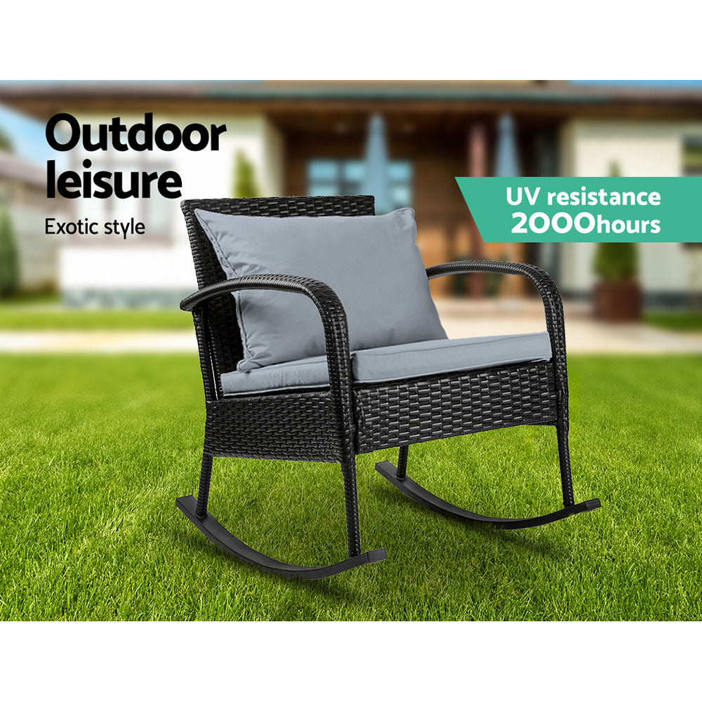 Gardeon Outdoor Furniture Rocking Chair Wicker Garden Patio Lounge Setting Black Gardeon