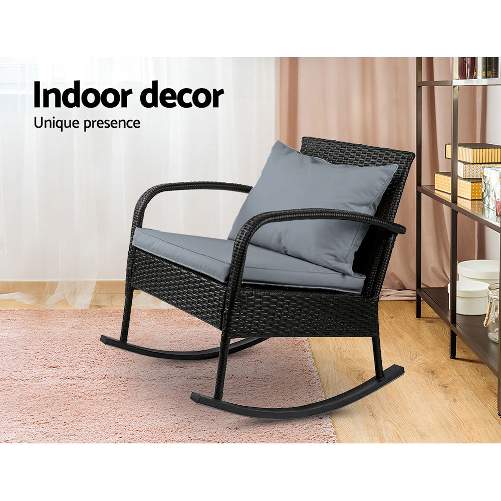 Gardeon Outdoor Furniture Rocking Chair Wicker Garden Patio Lounge Setting Black Gardeon