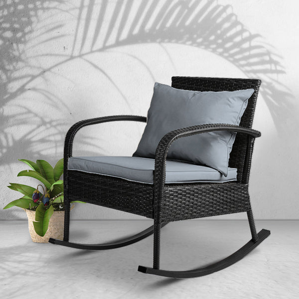 Gardeon Outdoor Furniture Rocking Chair Wicker Garden Patio Lounge Setting Black Gardeon