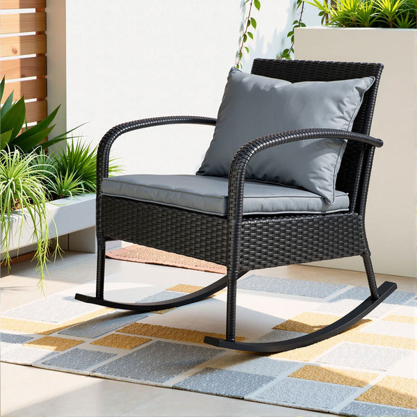 Gardeon Outdoor Furniture Rocking Chair Wicker Garden Patio Lounge Setting Black Gardeon