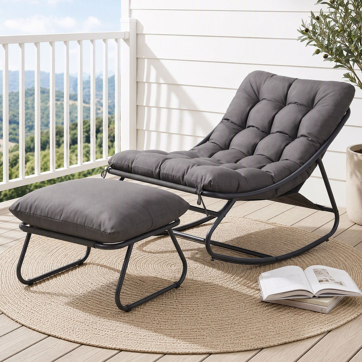 Gardeon Rocking Chair with Footrest Mesh Seat Cushion Outdoor Chairs Grey Awezingly