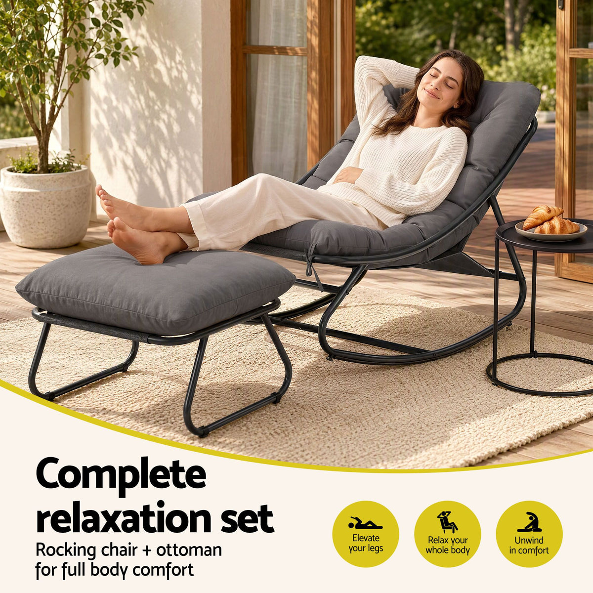 Gardeon Rocking Chair with Footrest Mesh Seat Cushion Outdoor Chairs Grey Awezingly