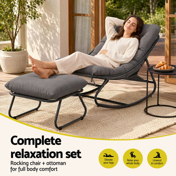 Gardeon Rocking Chair with Footrest Mesh Seat Cushion Outdoor Chairs Grey Awezingly