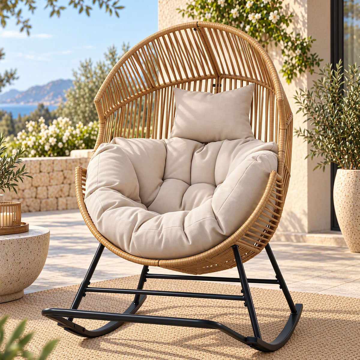 Gardeon Outdoor Egg Rocking Chair Rattan Lounger with Thick Cushion Patio Furniture Natural Awezingly